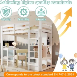 Lit Mezzanine Enfant Simple 90x200 cm - Bureau, Armoire Ouverte et Étagères, Barrières de Sécurité - sans Matelas - Blanc><noscript><img width=