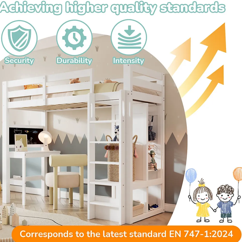 Lit Mezzanine Enfant Simple 90x200 cm - Bureau, Armoire Ouverte et Étagères, Barrières de Sécurité - sans Matelas - Blanc>Okwish Discount