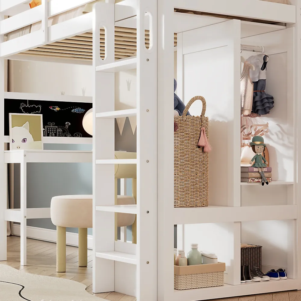 Lit Mezzanine Enfant Simple 90x200 cm - Bureau, Armoire Ouverte et Étagères, Barrières de Sécurité - sans Matelas - Blanc>Okwish Discount
