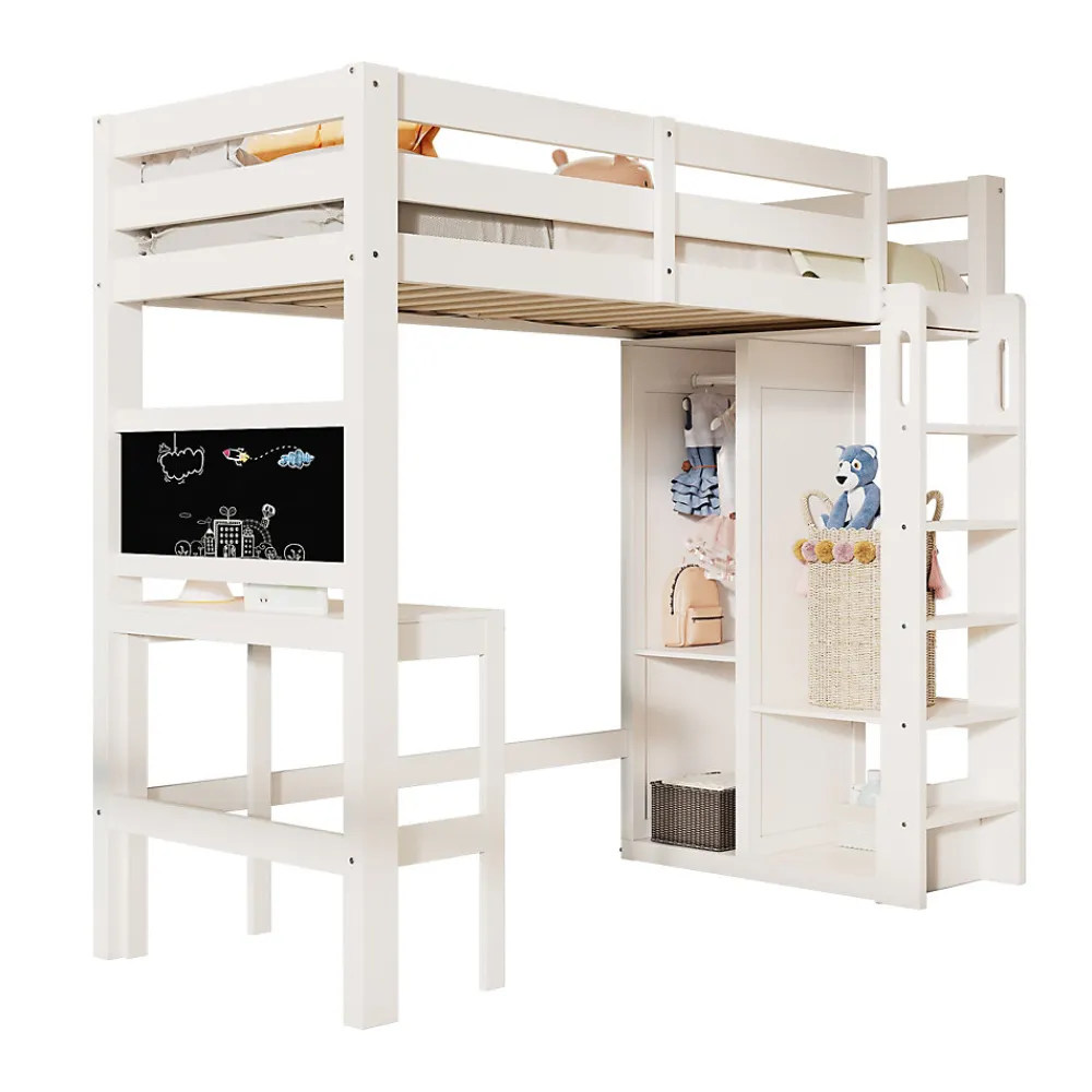 Lit Mezzanine Enfant Simple 90x200 cm - Bureau, Armoire Ouverte et Étagères, Barrières de Sécurité - sans Matelas - Blanc>Okwish Discount