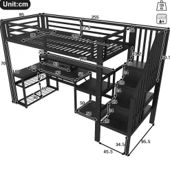 Okwish Lit Mezzanine Enfant 90x200 cm Avec Bureau, LED, Escalier de Rangement, Garde-Corps et Ports USB, Sans Matelas, Métal + MDF, Noir* Lit Simple