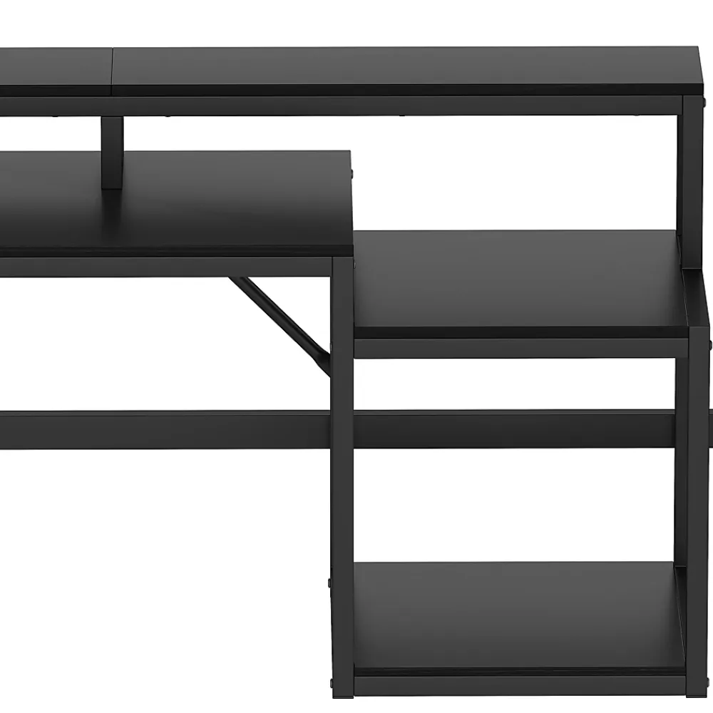 Okwish Lit Mezzanine Enfant 90x200 cm Avec Bureau, LED, Escalier de Rangement, Garde-Corps et Ports USB, Sans Matelas, Métal + MDF, Noir* Lit Simple