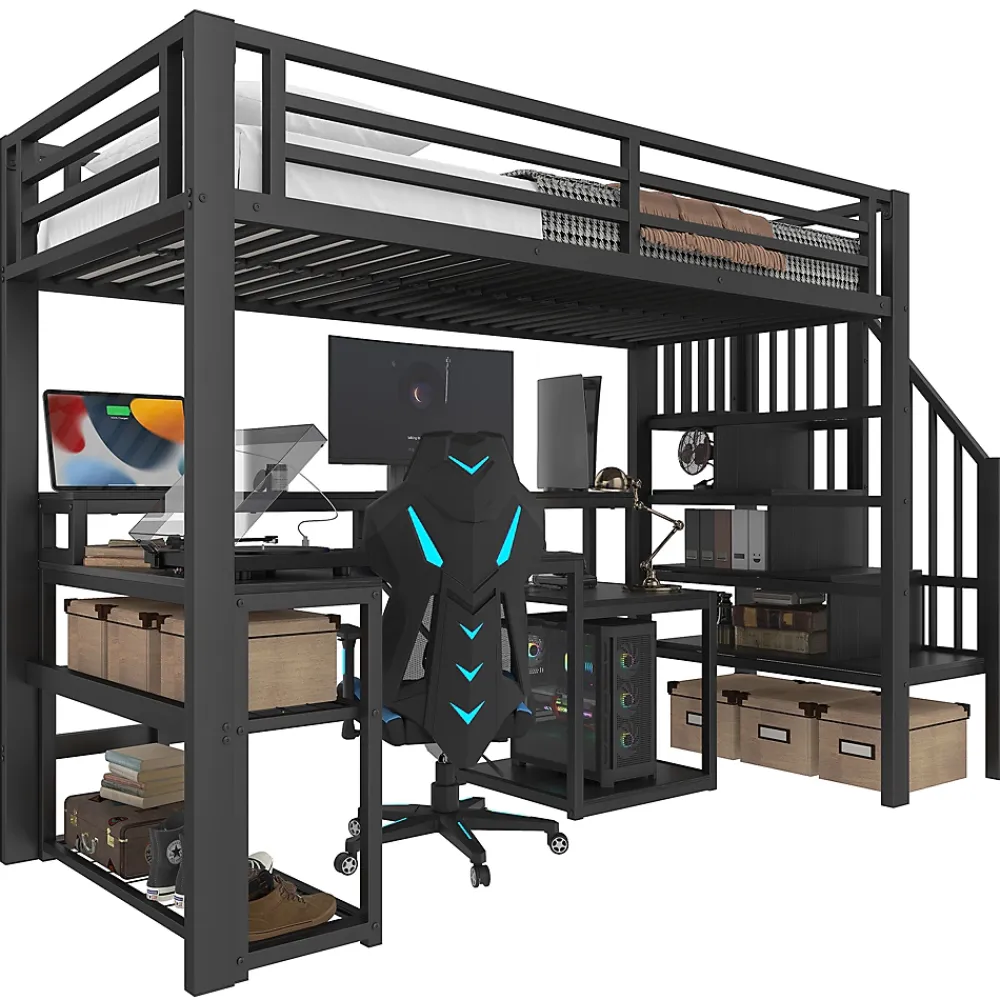 Okwish Lit Mezzanine Enfant 90x200 cm Avec Bureau, LED, Escalier de Rangement, Garde-Corps et Ports USB, Sans Matelas, Métal + MDF, Noir* Lit Simple