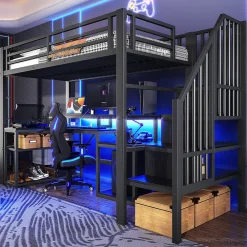 Okwish Lit Mezzanine Enfant 90x200 cm Avec Bureau, LED, Escalier de Rangement, Garde-Corps et Ports USB, Sans Matelas, Métal + MDF, Noir* Lit Simple