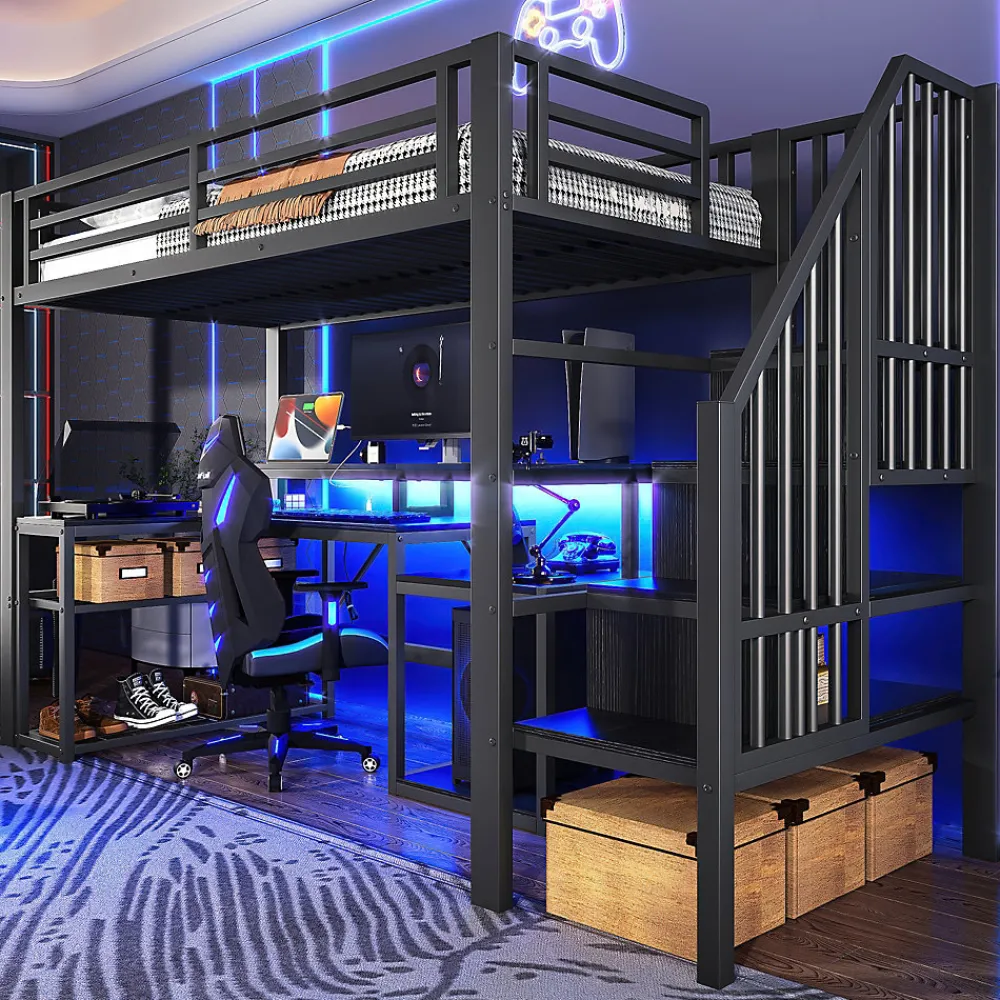 Okwish Lit Mezzanine Enfant 90x200 cm Avec Bureau, LED, Escalier de Rangement, Garde-Corps et Ports USB, Sans Matelas, Métal + MDF, Noir* Lit Simple