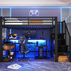 Okwish Lit Mezzanine Enfant 90x200 cm Avec Bureau, LED, Escalier de Rangement, Garde-Corps et Ports USB, Sans Matelas, Métal + MDF, Noir* Lit Simple