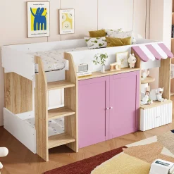 Okwish Lit Mezzanine enfant 90x200 cm avec Échelle et Rangement Ouvert - Bois Massif Naturel et Rose, Sans Matelas* Lit Mezzanine