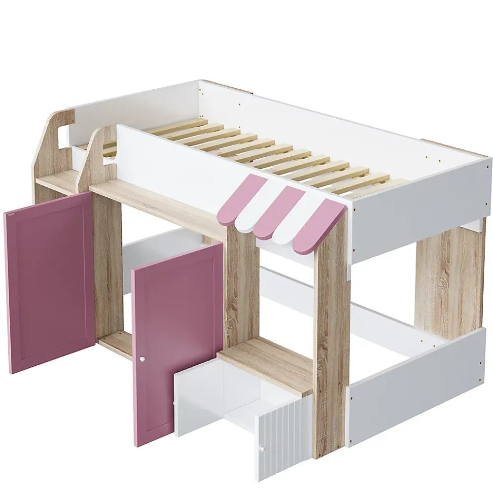 Okwish Lit Mezzanine enfant 90x200 cm avec Échelle et Rangement Ouvert - Bois Massif Naturel et Rose, Sans Matelas* Lit Mezzanine