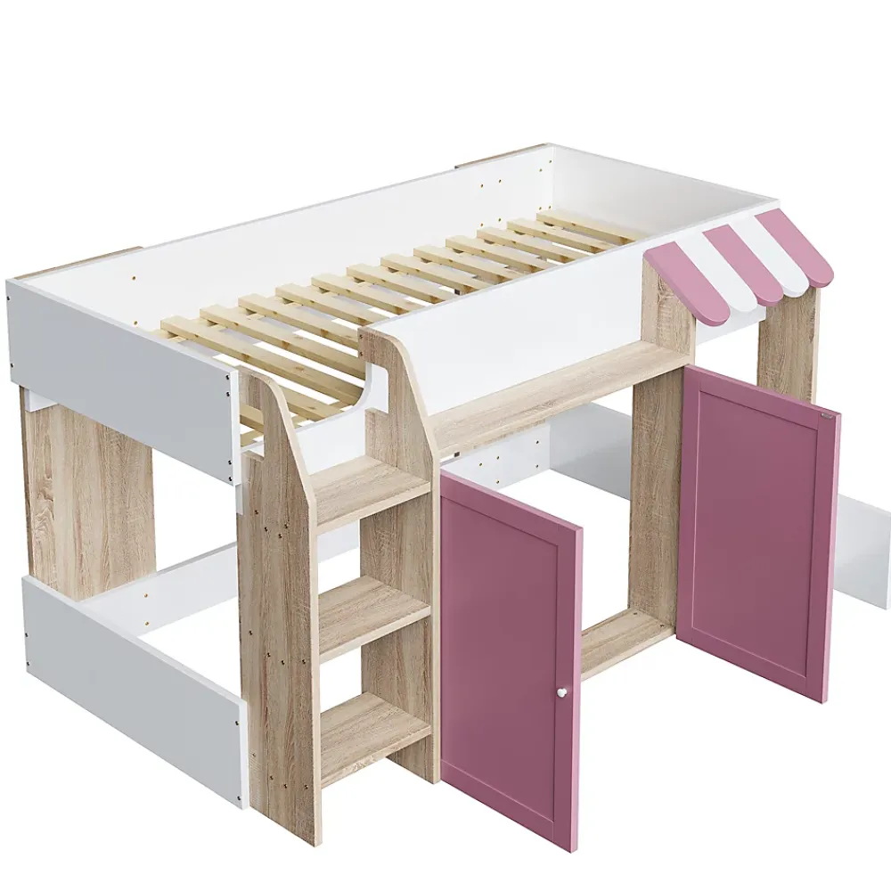 Okwish Lit Mezzanine enfant 90x200 cm avec Échelle et Rangement Ouvert - Bois Massif Naturel et Rose, Sans Matelas* Lit Mezzanine