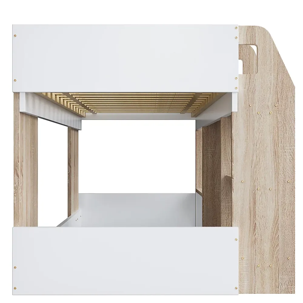 Okwish Lit Mezzanine enfant 90x200 cm avec Échelle et Rangement Ouvert - Bois Massif Naturel et Rose, Sans Matelas* Lit Mezzanine