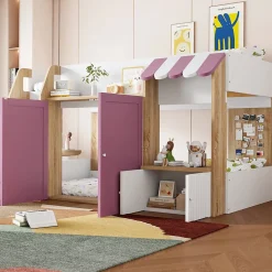 Okwish Lit Mezzanine enfant 90x200 cm avec Échelle et Rangement Ouvert - Bois Massif Naturel et Rose, Sans Matelas* Lit Mezzanine