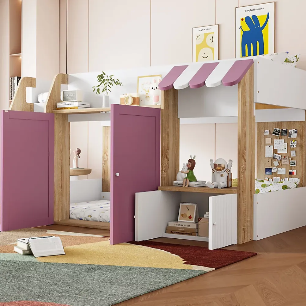 Okwish Lit Mezzanine enfant 90x200 cm avec Échelle et Rangement Ouvert - Bois Massif Naturel et Rose, Sans Matelas* Lit Mezzanine