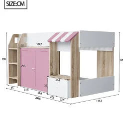 Okwish Lit Mezzanine enfant 90x200 cm avec Échelle et Rangement Ouvert - Bois Massif Naturel et Rose, Sans Matelas* Lit Mezzanine