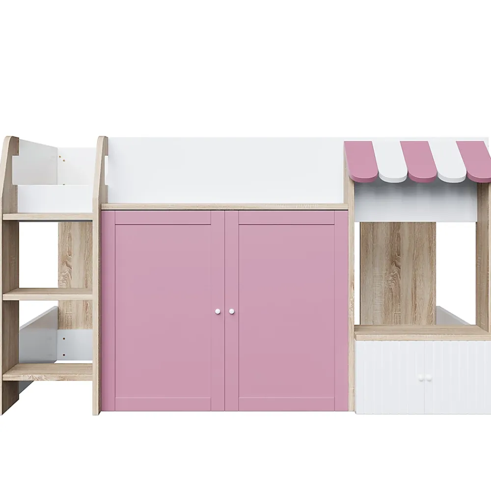 Okwish Lit Mezzanine enfant 90x200 cm avec Échelle et Rangement Ouvert - Bois Massif Naturel et Rose, Sans Matelas* Lit Mezzanine