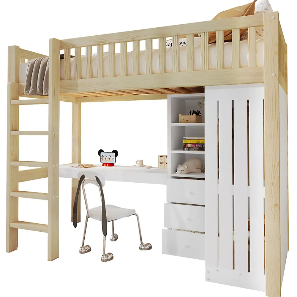 Okwish Lit Mezzanine Enfant 90x200 cm - avec Bureau Intégré, Armoire et 3 Tiroirs, Échelle et Garde-Corps, Bois Naturel - sans Matelas* Lit Mezzanine