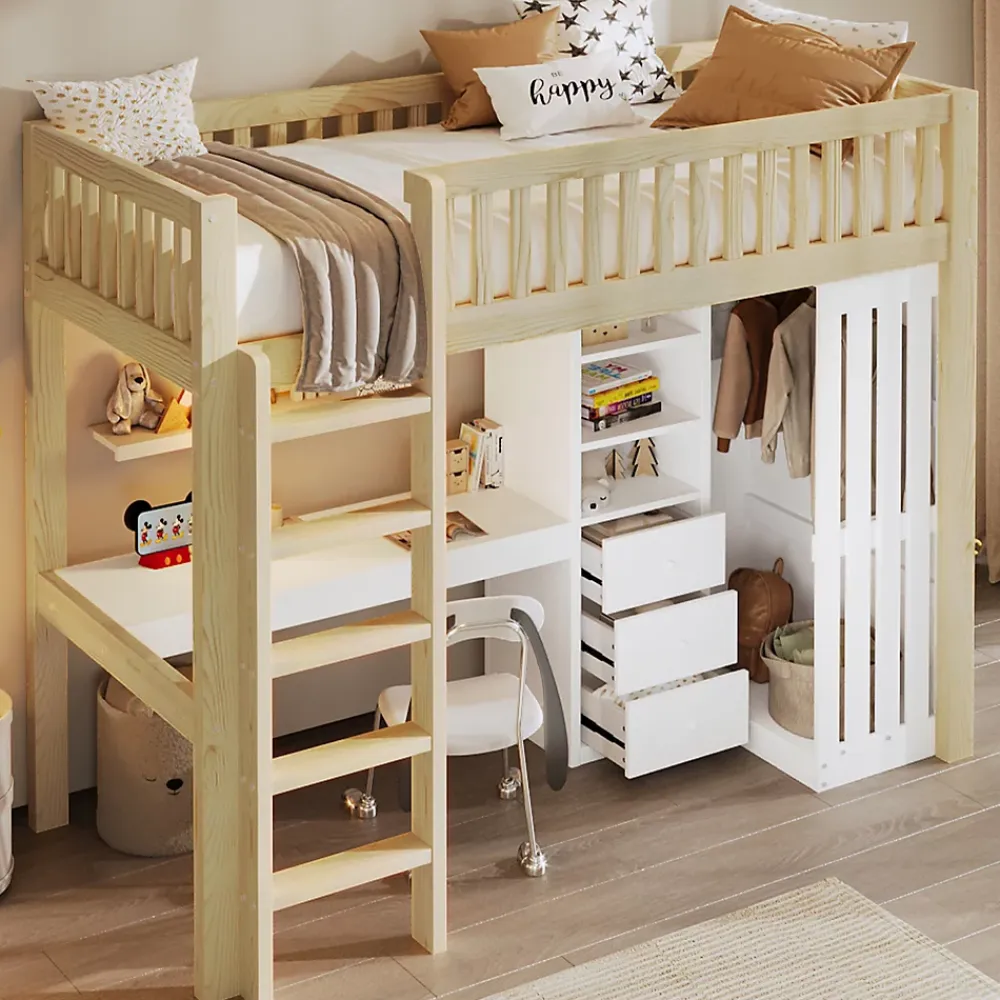 Okwish Lit Mezzanine Enfant 90x200 cm - avec Bureau Intégré, Armoire et 3 Tiroirs, Échelle et Garde-Corps, Bois Naturel - sans Matelas* Lit Mezzanine