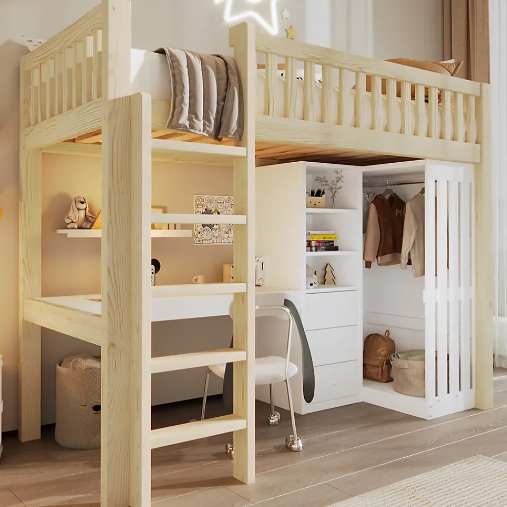 Okwish Lit Mezzanine Enfant 90x200 cm - avec Bureau Intégré, Armoire et 3 Tiroirs, Échelle et Garde-Corps, Bois Naturel - sans Matelas* Lit Mezzanine