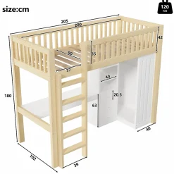 Okwish Lit Mezzanine Enfant 90x200 cm - avec Bureau Intégré, Armoire et 3 Tiroirs, Échelle et Garde-Corps, Bois Naturel - sans Matelas* Lit Mezzanine