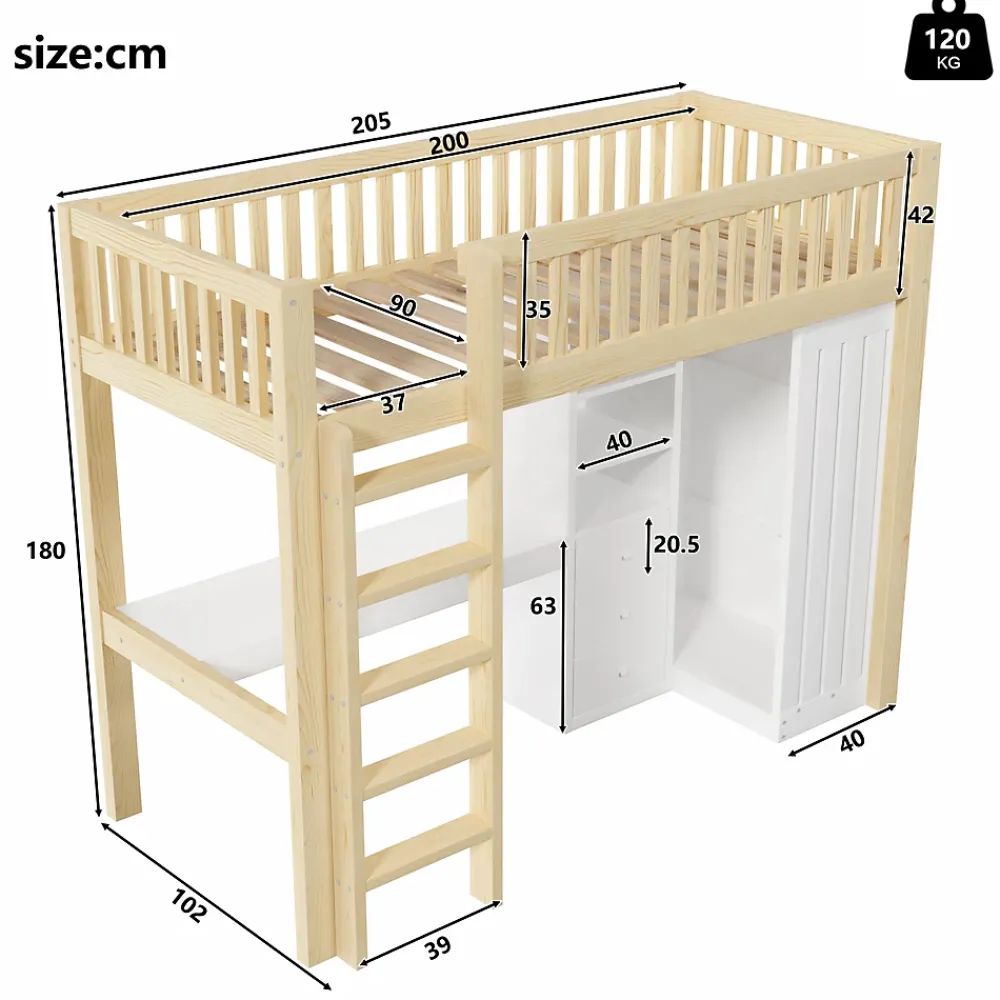 Okwish Lit Mezzanine Enfant 90x200 cm - avec Bureau Intégré, Armoire et 3 Tiroirs, Échelle et Garde-Corps, Bois Naturel - sans Matelas* Lit Mezzanine