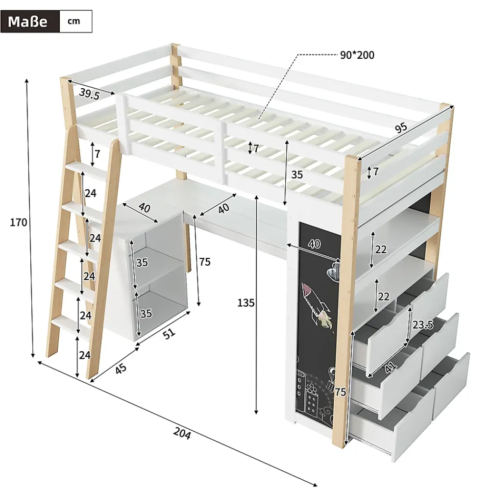 Okwish Lit Mezzanine enfant 90x200 cm - avec Bureau et Grand Tiroir de Rangement - Sans Matelas - Bois Massif et MDF, Blanc et Naturel* Lit Mezzanine