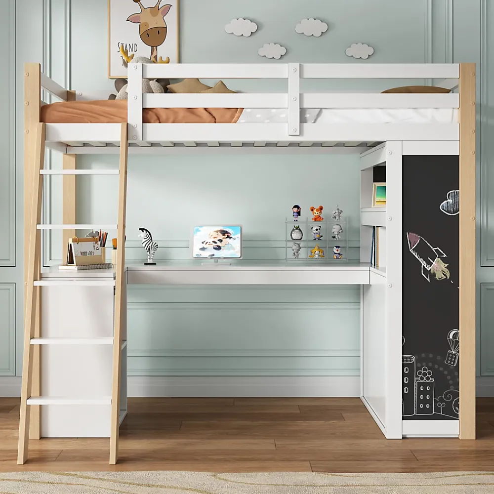 Okwish Lit Mezzanine enfant 90x200 cm - avec Bureau et Grand Tiroir de Rangement - Sans Matelas - Bois Massif et MDF, Blanc et Naturel* Lit Mezzanine