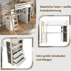 Okwish Lit Mezzanine enfant 90x200 cm - avec Bureau et Grand Tiroir de Rangement - Sans Matelas - Bois Massif et MDF, Blanc et Naturel* Lit Mezzanine