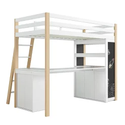 Okwish Lit Mezzanine enfant 90x200 cm - avec Bureau et Grand Tiroir de Rangement - Sans Matelas - Bois Massif et MDF, Blanc et Naturel* Lit Mezzanine