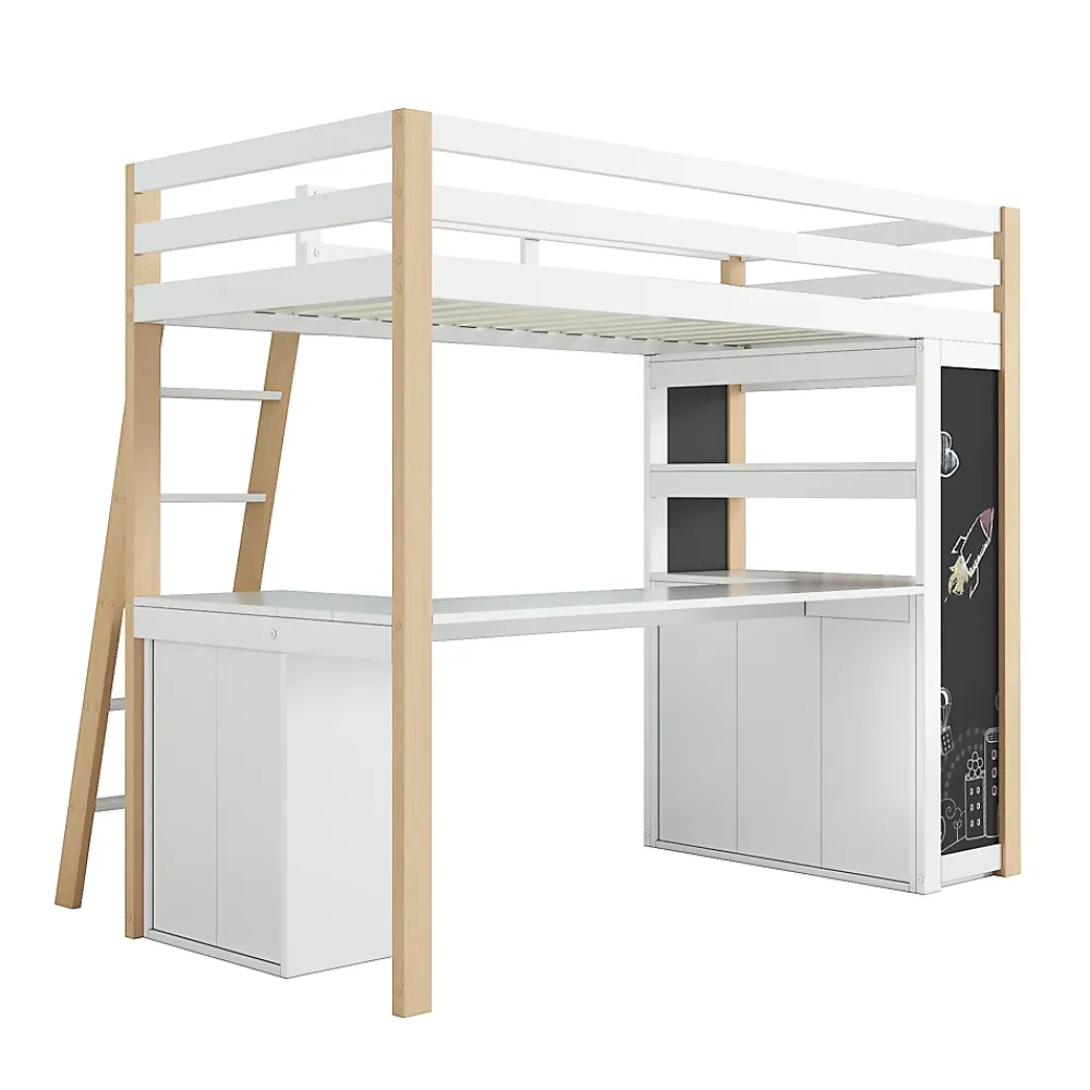 Okwish Lit Mezzanine enfant 90x200 cm - avec Bureau et Grand Tiroir de Rangement - Sans Matelas - Bois Massif et MDF, Blanc et Naturel* Lit Mezzanine