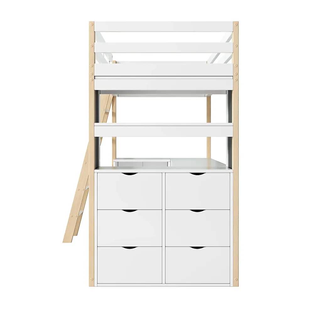 Okwish Lit Mezzanine enfant 90x200 cm - avec Bureau et Grand Tiroir de Rangement - Sans Matelas - Bois Massif et MDF, Blanc et Naturel* Lit Mezzanine