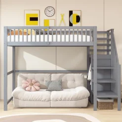 Lit Mezzanine enfant 90x200 cm avec Rangement, Escalier et Petit Dressing Intégré Bois Gris, Multifonction pour Chambre Ado, Gris><noscript><img width=