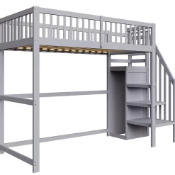Lit Mezzanine enfant 90x200 cm avec Rangement, Escalier et Petit Dressing Intégré Bois Gris, Multifonction pour Chambre Ado, Gris><noscript><img width=