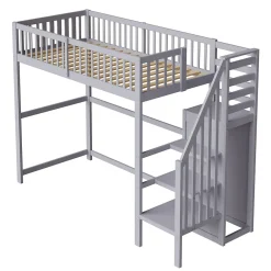 Lit Mezzanine enfant 90x200 cm avec Rangement, Escalier et Petit Dressing Intégré Bois Gris, Multifonction pour Chambre Ado, Gris><noscript><img width=