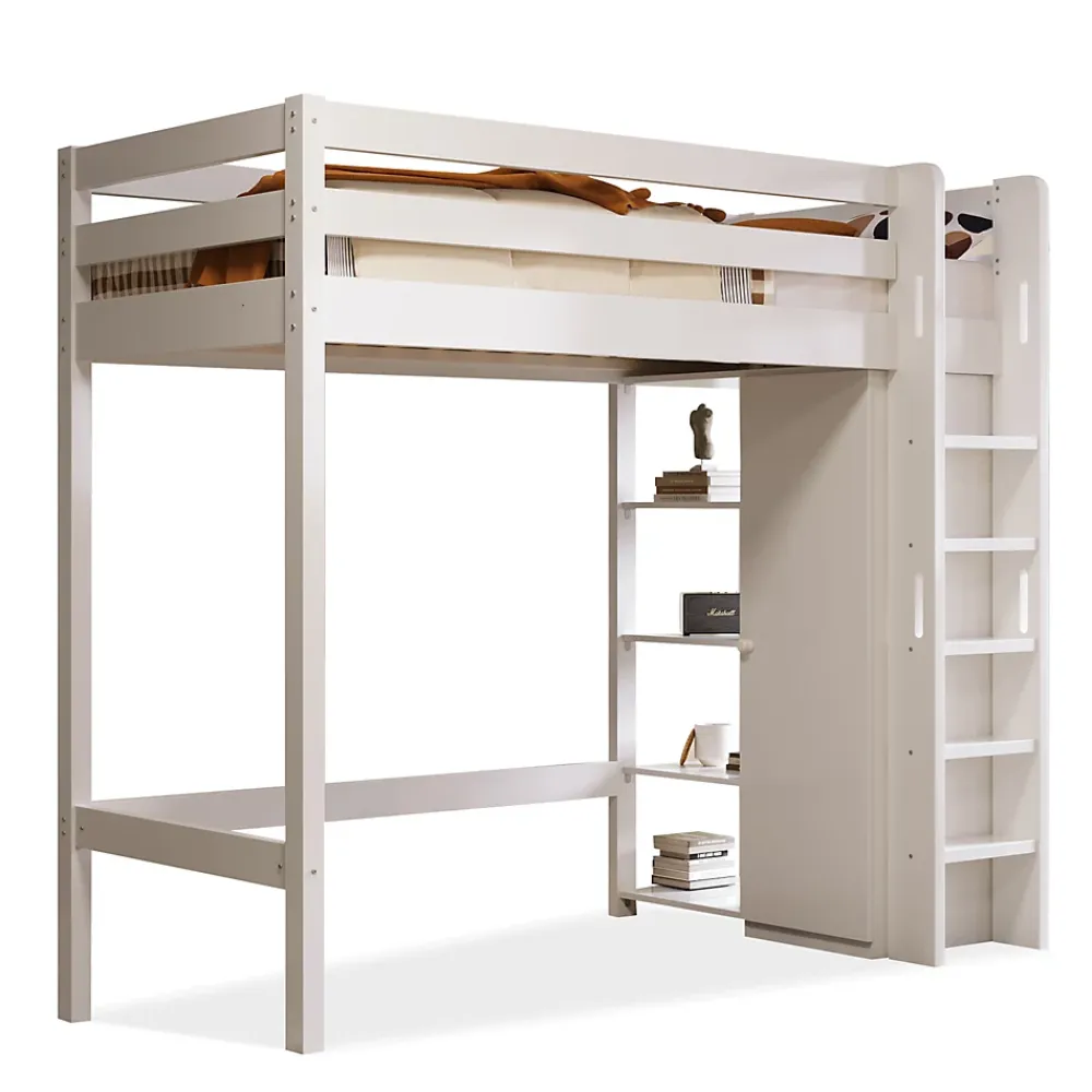 Okwish Lit Mezzanine Enfant 90x200 cm - Lit avec Armoire et 6 Étagères, Bois Massif et Panneaux E1, Blanc* Lit Mezzanine