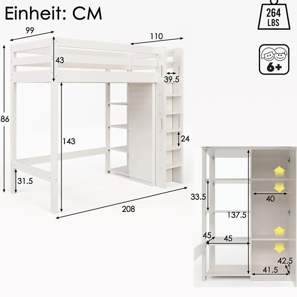 Okwish Lit Mezzanine Enfant 90x200 cm - Lit avec Armoire et 6 Étagères, Bois Massif et Panneaux E1, Blanc* Lit Mezzanine