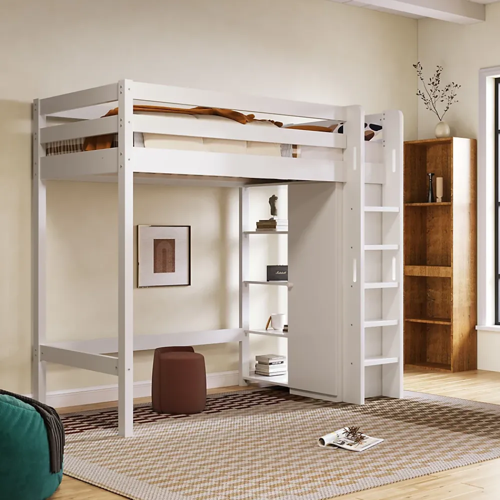 Okwish Lit Mezzanine Enfant 90x200 cm - Lit avec Armoire et 6 Étagères, Bois Massif et Panneaux E1, Blanc* Lit Mezzanine