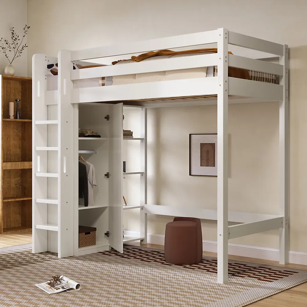 Okwish Lit Mezzanine Enfant 90x200 cm - Lit avec Armoire et 6 Étagères, Bois Massif et Panneaux E1, Blanc* Lit Mezzanine