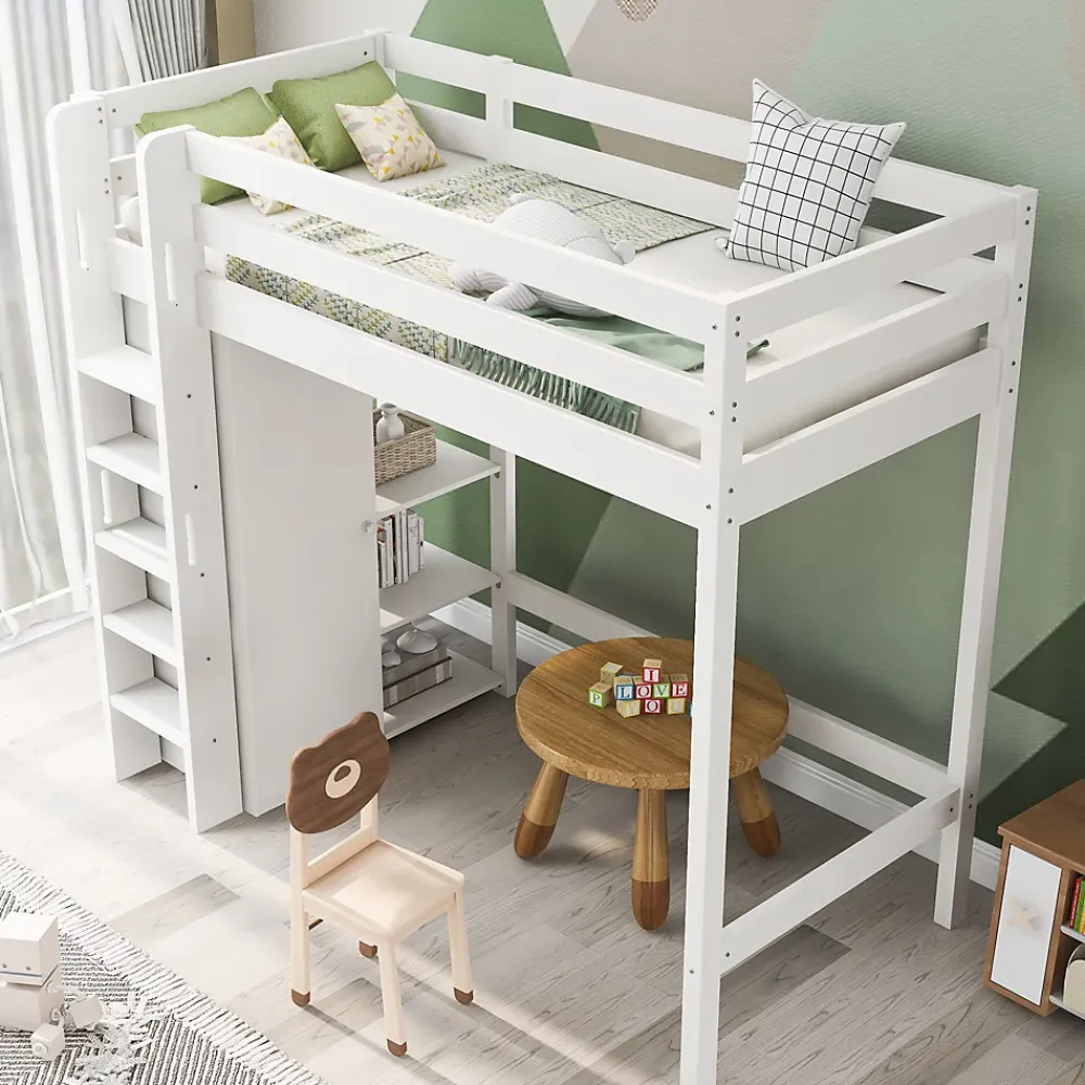 Okwish Lit Mezzanine Enfant 90x200 cm - Lit avec Armoire et 6 Étagères, Bois Massif et Panneaux E1, Blanc* Lit Mezzanine