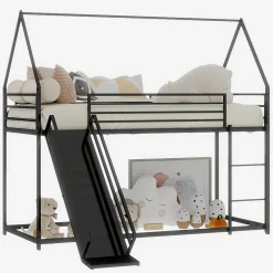 Lit Mezzanine Enfant 90x190 cm - Lit Maison avec Toboggan et Échelle, Métal Noir, Sans Matelas><noscript><img width=