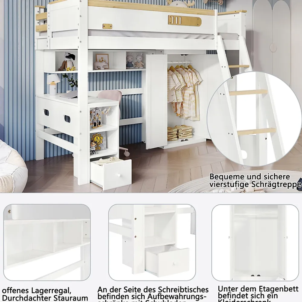 Okwish Lit Mezzanine enfant 90x200 cm Bois avec Bureau, Échelle à Niveaux, Protection Anti-Chute, Rangement, Blanc/Naturel, Sans Matelas* Lit Mezzanine