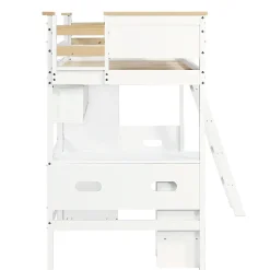 Okwish Lit Mezzanine enfant 90x200 cm Bois avec Bureau, Échelle à Niveaux, Protection Anti-Chute, Rangement, Blanc/Naturel, Sans Matelas* Lit Mezzanine