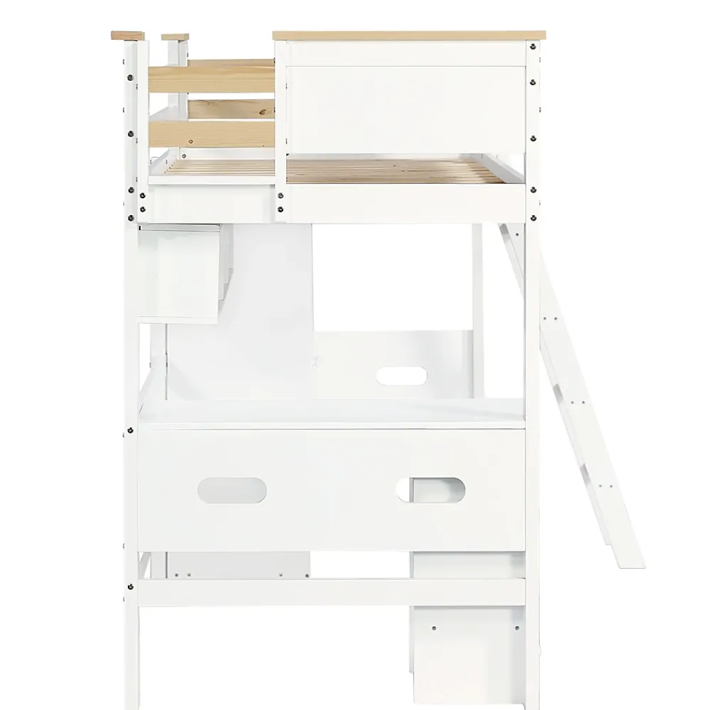 Okwish Lit Mezzanine enfant 90x200 cm Bois avec Bureau, Échelle à Niveaux, Protection Anti-Chute, Rangement, Blanc/Naturel, Sans Matelas* Lit Mezzanine