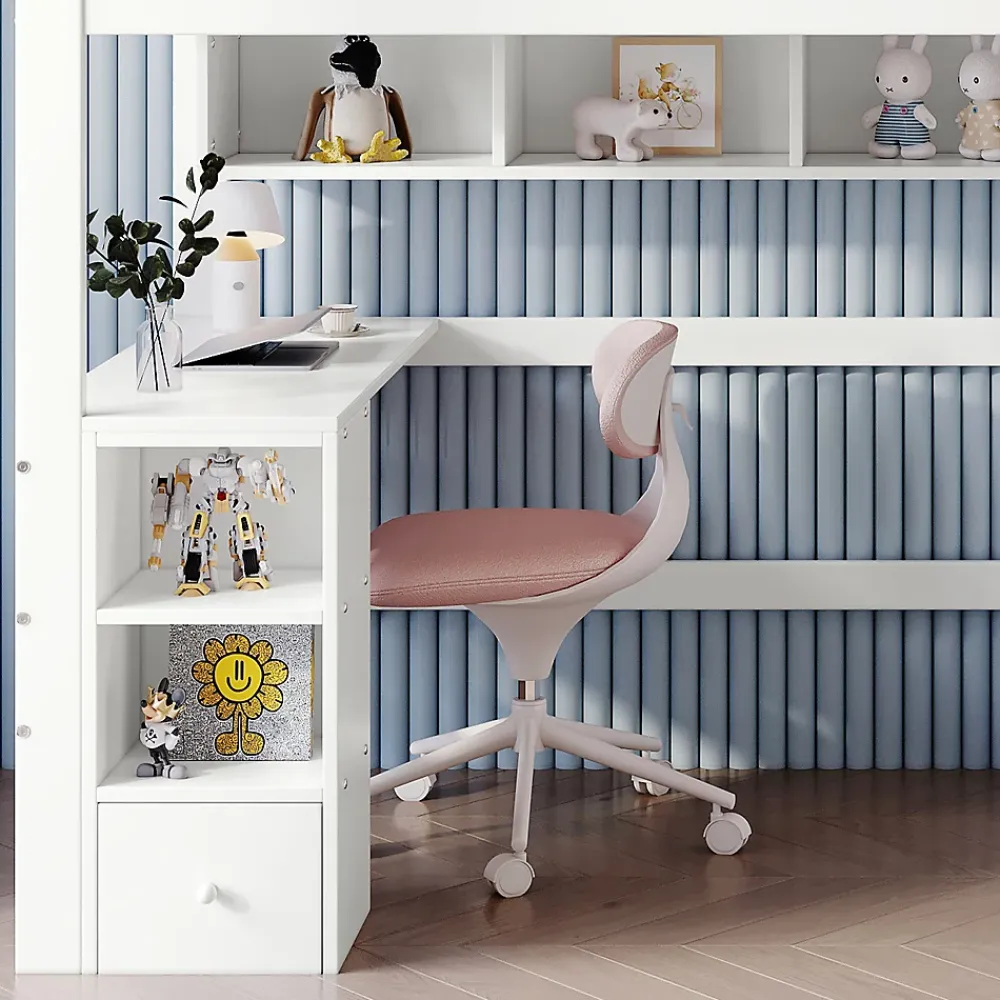 Okwish Lit Mezzanine enfant 90x200 cm Bois avec Bureau, Échelle à Niveaux, Protection Anti-Chute, Rangement, Blanc/Naturel, Sans Matelas* Lit Mezzanine