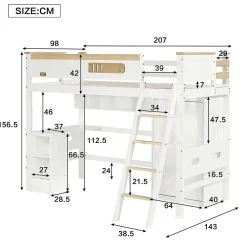 Okwish Lit Mezzanine enfant 90x200 cm Bois avec Bureau, Échelle à Niveaux, Protection Anti-Chute, Rangement, Blanc/Naturel, Sans Matelas* Lit Mezzanine