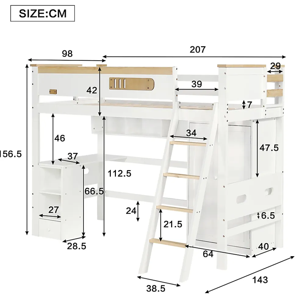 Okwish Lit Mezzanine enfant 90x200 cm Bois avec Bureau, Échelle à Niveaux, Protection Anti-Chute, Rangement, Blanc/Naturel, Sans Matelas* Lit Mezzanine