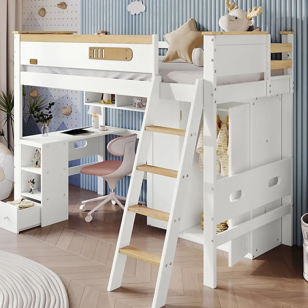 Okwish Lit Mezzanine enfant 90x200 cm Bois avec Bureau, Échelle à Niveaux, Protection Anti-Chute, Rangement, Blanc/Naturel, Sans Matelas* Lit Mezzanine