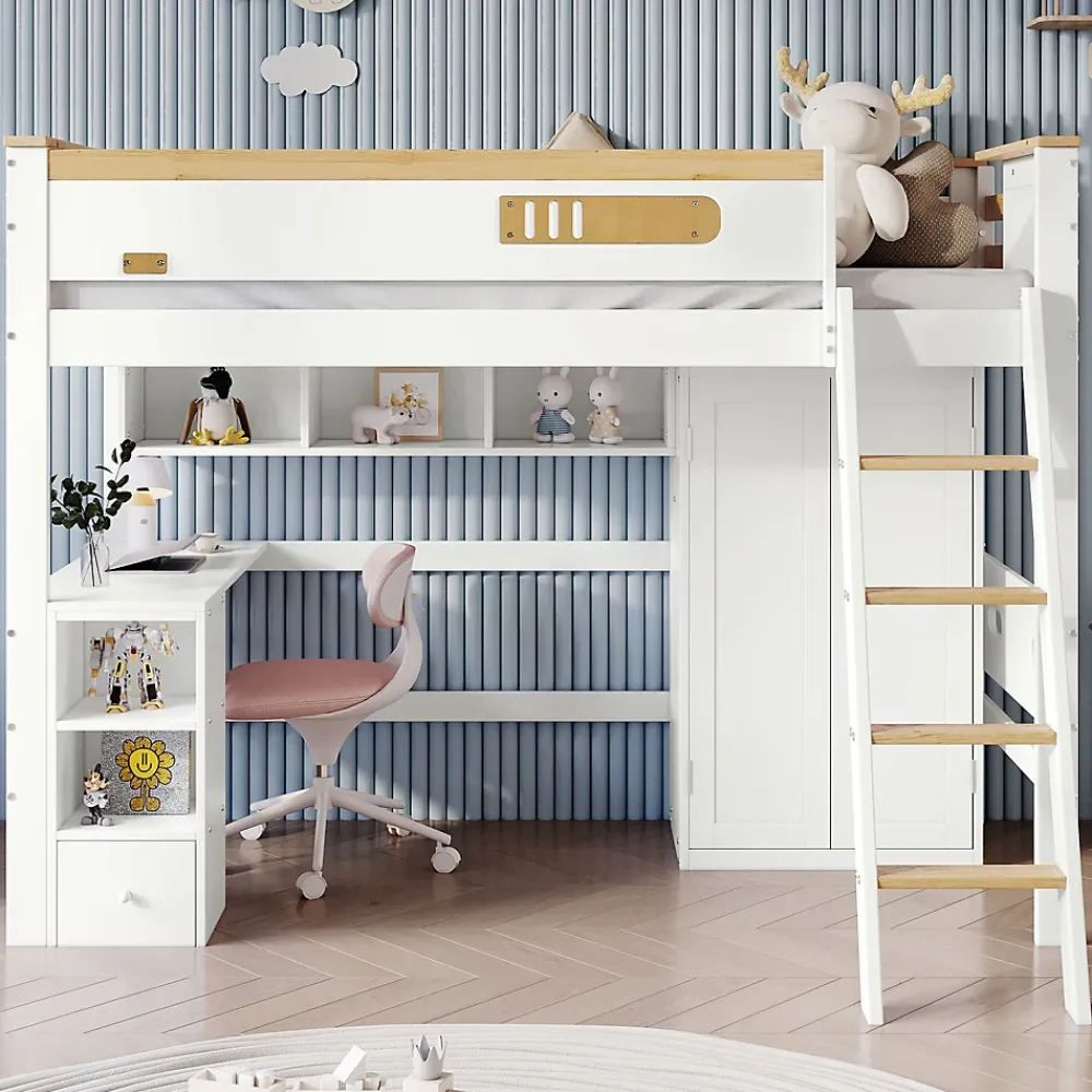 Okwish Lit Mezzanine enfant 90x200 cm Bois avec Bureau, Échelle à Niveaux, Protection Anti-Chute, Rangement, Blanc/Naturel, Sans Matelas* Lit Mezzanine