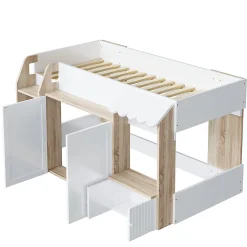 Lit Mezzanine enfant 90x200 cm avec Échelle et Rangement Ouvert - Bois Massif Naturel et Blanc, Sans Matelas><noscript><img width=