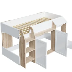 Lit Mezzanine enfant 90x200 cm avec Échelle et Rangement Ouvert - Bois Massif Naturel et Blanc, Sans Matelas><noscript><img width=