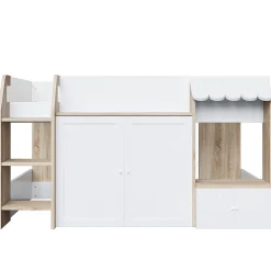 Lit Mezzanine enfant 90x200 cm avec Échelle et Rangement Ouvert - Bois Massif Naturel et Blanc, Sans Matelas><noscript><img width=