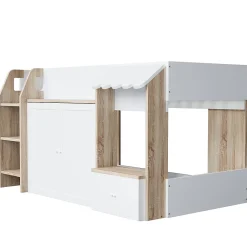Lit Mezzanine enfant 90x200 cm avec Échelle et Rangement Ouvert - Bois Massif Naturel et Blanc, Sans Matelas><noscript><img width=
